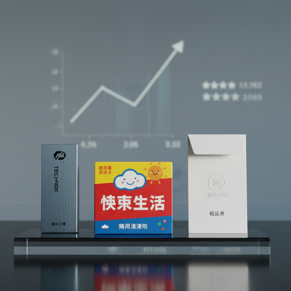 A close-up shot of three Taiwanese brand product packages standing upright on a reflective black acrylic surface: one sleek metallic-finish tech gadget box, one colorful household item package with clear Chinese labeling, and one minimalist white service voucher envelope with embossed logo. Behind them, a softly blurred background shows a subtle graph and rating icons projected onto a cool gray wall. Dramatic side lighting from the right creates striking highlights along edges and controlled shadows that emphasize texture and print quality. The composition is centered, with a shallow depth of field drawing attention to brand details. The mood is precise, professional, and slightly dramatic, ideal for a site that takes brand evaluation seriously.