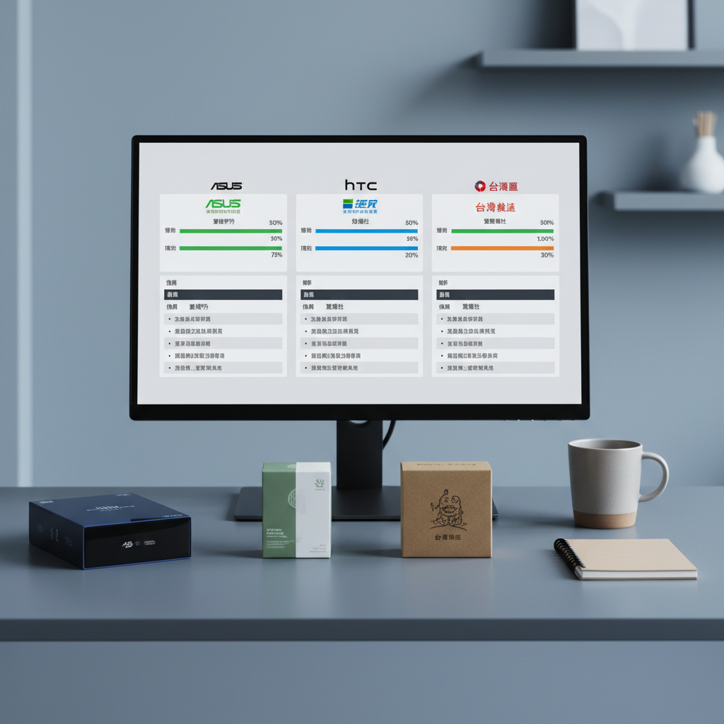 A clean, modern workspace with a slim monitor displaying a detailed product comparison dashboard in Chinese, featuring rating bars, pros and cons, and brand logos of Taiwanese services and consumer goods. On the matte gray desk sit three different product packages aligned in a row, each with distinct color schemes and textures, from glossy electronics boxes to eco-friendly kraft paper packaging. A neutral ceramic mug and a simple notebook add subtle context. Cool, balanced studio lighting illuminates the scene evenly, generating soft reflections on the screen and gentle shadows behind objects. Captured from a slightly elevated angle with moderate depth of field, the composition feels professional, data-driven, and trustworthy, reflecting a serious brand review platform.