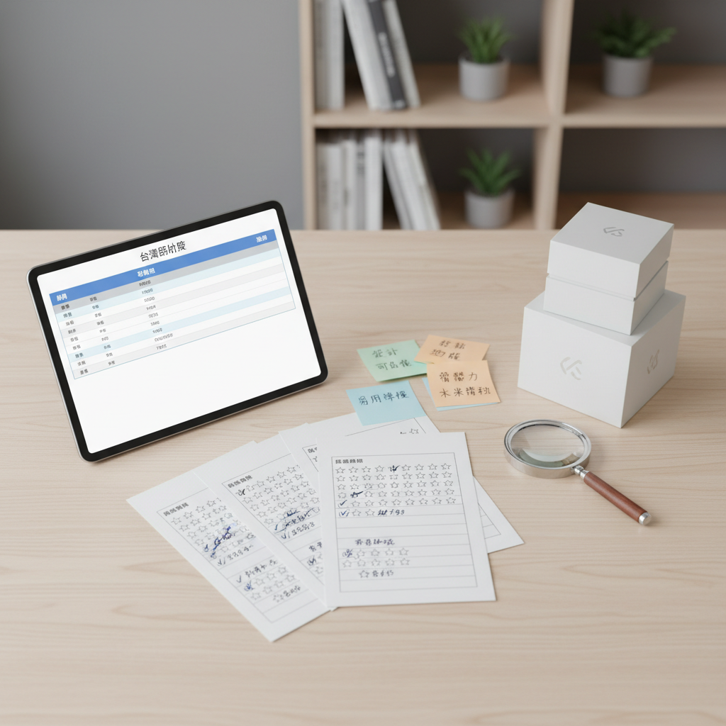 An overhead, flat-lay composition of neatly organized brand evaluation elements on a light wood desk: printed rating sheets with star icons, a digital tablet showing a comparison table of Taiwanese brands, color-coded sticky notes with concise Chinese labels, and a magnifying glass resting beside a stack of product boxes. A neutral-toned wall and a faintly visible bookshelf blur into the background. Soft, diffused daylight from a nearby window creates even illumination with minimal shadows, reinforcing precision and neutrality. The mood is analytical yet approachable, with photographic realism and a modern, minimalist style that highlights the process of structured, professional brand assessment without visual clutter.